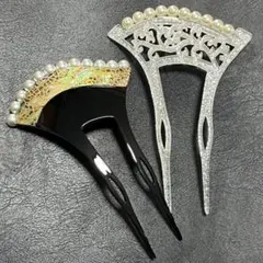 2点セットQ 簪 かんざし 髪飾り バチ型 和装小物 結婚式 着物 銀色 パール