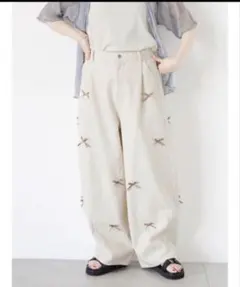 ehka sopo リボン付ワイドデニムパンツ キナリ フリーサイズ