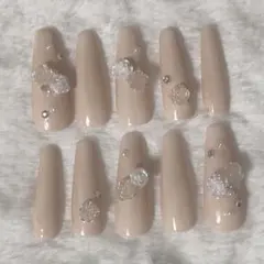 ベージュ フラワー装飾 ネイルチップ