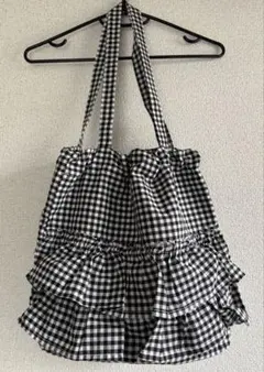 ギンガムチェック　トートバッグ フリル ブラック