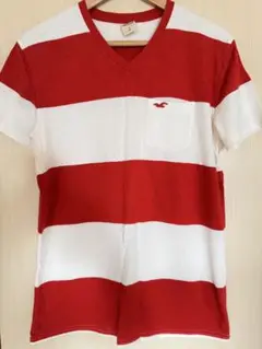 Hollister 赤白ストライプ Vネック Tシャツ S