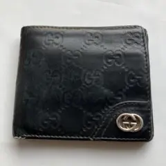 【鑑定済】グッチ GUCCI 二つ折り財布 シマ レザー インターロッキング 黒