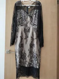 レース長袖ひざ丈ワンピース ベージュ×黒