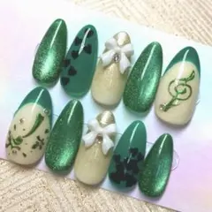 ネイルチップ 緑 マグネット リボン ガーリー 推し活