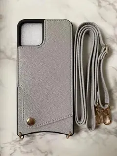 iPhone14シンプルレザーソフトケース&ストラップセット灰色グレー