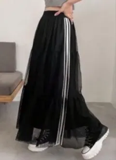 サイドライン ティアード チュールスカート ブラック Lサイズ ロングスカート