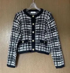 ニットジャケット カーディガン 金ボタン レトロ風 ホワイト×ブラック