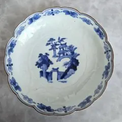 無傷完品　古伊万里　染付　六寸皿　江戸時代　楼閣　アンティーク　蛸唐草　平皿