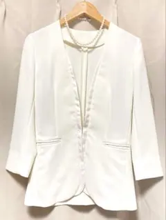 ノーカラージャケット ホワイト フォーマルに卒業入学オフィスに ストレッチ洗濯可