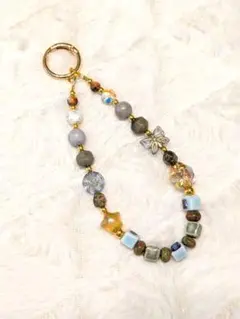 [ハンドメイド]天然石風蝶モチーフ ストラップ#026