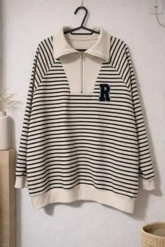 ボーダー ハーフジップ トレーナー 2XL アイボリー ブラック ワッペン