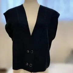 ブラックニットベスト Vネック ダブルボタン Lサイズ レディース