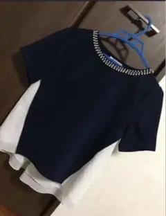 rafraf 重ね着ビジュートップス　ネイビー
