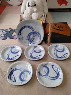 趣　染付　珍宴揃　お皿大１枚　小5枚セット　竹かご入り　希望窯