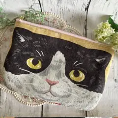 ハチワレ パネル 猫 ファスナーポーチ