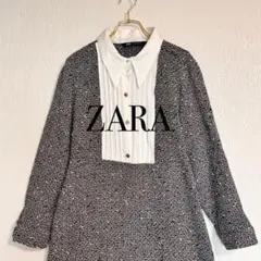 ZARA ザラ ツイード 長袖ミニワンピース フレアスカート シャツ襟 バービー