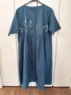 刺繍襟付きワンピース　リネン綿のサムネイル