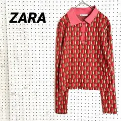 ザラ ZARA 幾何学柄 ニットポロトップス レトロ配色（M）赤系 ストレッチ