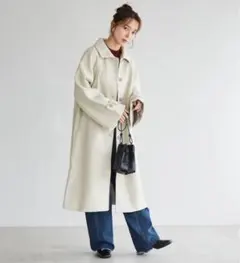 ベージュ ウール混合 ロングコート Mサイズ