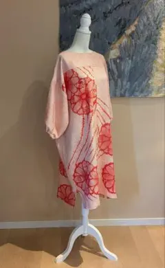 正絹　総絞り　着物リメイク　七分袖　プルオーバー　ワンピース