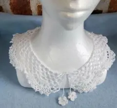 20番レース　つけ襟　ホワイト　スカラップ　花モチーフ　ハンドメイド　手編み