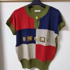 レトロ　Crée 半袖ニット カラフル刺繍　金ボタンナイガイ昭和サマーニット麻混