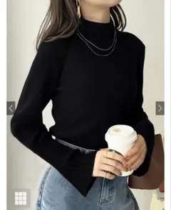 ハイネックフレアスリーブリブニットトップス[k9086d] ブラック M