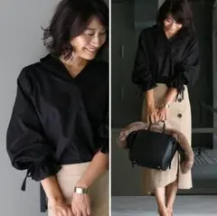 style for mom くしゅ袖シャツコーデ 黒 7分袖 7分丈 ブラウスのサムネイル
