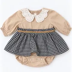 cottoli 70cm 長袖 ロンパース チェック レース襟
