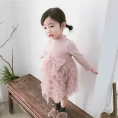 ニット チュール 切り替え ワンピース　ドレス　ピンク　90