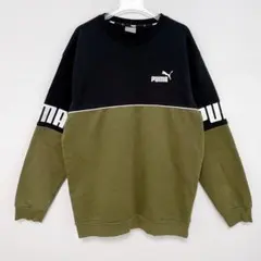 美PUMA スウェット M 黒 カーキ 切替 トレーナー ビッグロゴ メンズ