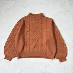 美品✨COLZA/コルザ/ケーブルニット/ハイネック/ボリューム袖/オレンジ/S