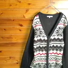 カーディガン　ノルディック柄　フェアアイル柄　幾何学模様　黒　白　赤　Ⅼ　古着