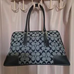 【美品】COACH シグネチャーハンドバッグネイビー/グレー
