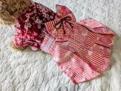 現品のみ★Ｓサイズ★エンジ桜柄着物にピンク縦縞花柄袴のサムネイル