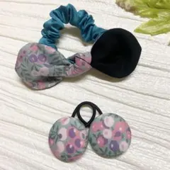 お買い得♡お揃い　シュシュ付リバティ　うさみみリボン　くるみボタン 3個セット