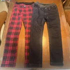 暖か裏起毛♪150センチ 赤黒チェック&濃紺デニム風 ストレッチパンツセット