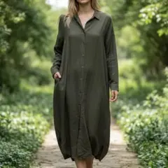美品 UNIQLO ユニクロ シャツワンピース S 緑 長袖 ボタン付き