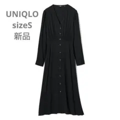 新品ユニクロ S 黒 春夏とろみレーヨン 長袖 Vネックフレアワンピース ロング