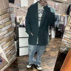 リネン ダークグリーン カジュアルジャケット L 古着 アメカジ キレイめ