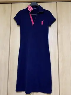 ラルフローレン 襟裏ボーダー ビッグポニー 刺繍　ポロ ワンピース 紺 XS