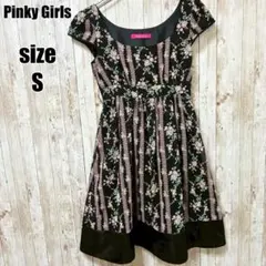 【ピンキーガールズ】美品 花柄 リボン ワンピース 黒 S リボン 清楚 上品