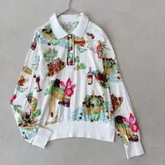 美品 レオナール カラフルフラワー×ロゴプリント ポロシャツブラウス