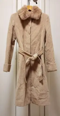 美品アンゴラ65% ボナジョルナータ リアルファー襟付ロングコート ベージュ L
