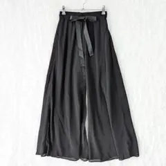 美品 シアーパンツ ワイド サテンリボンベルト トレンド 抜け感 黒 S 上品