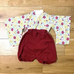 70センチ　初節句用　花柄と赤の袴風セットアップ