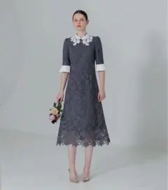 Leja 花柄レースカラー刺繍Aラインフレアドレスワンピース ふくれな