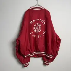 653 キングルイ USA製 赤サテンスタジャン 消防団 ヴィンテージ XL