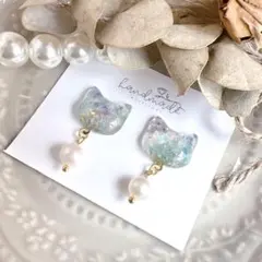 No.1649 ハンドメイド　淡水パール　猫　レジン　ピアス　イヤリング