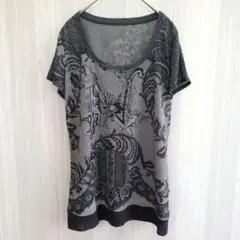 NERO トップス カットソー Tシャツ 半袖 透け感 天使 総柄 グレー M